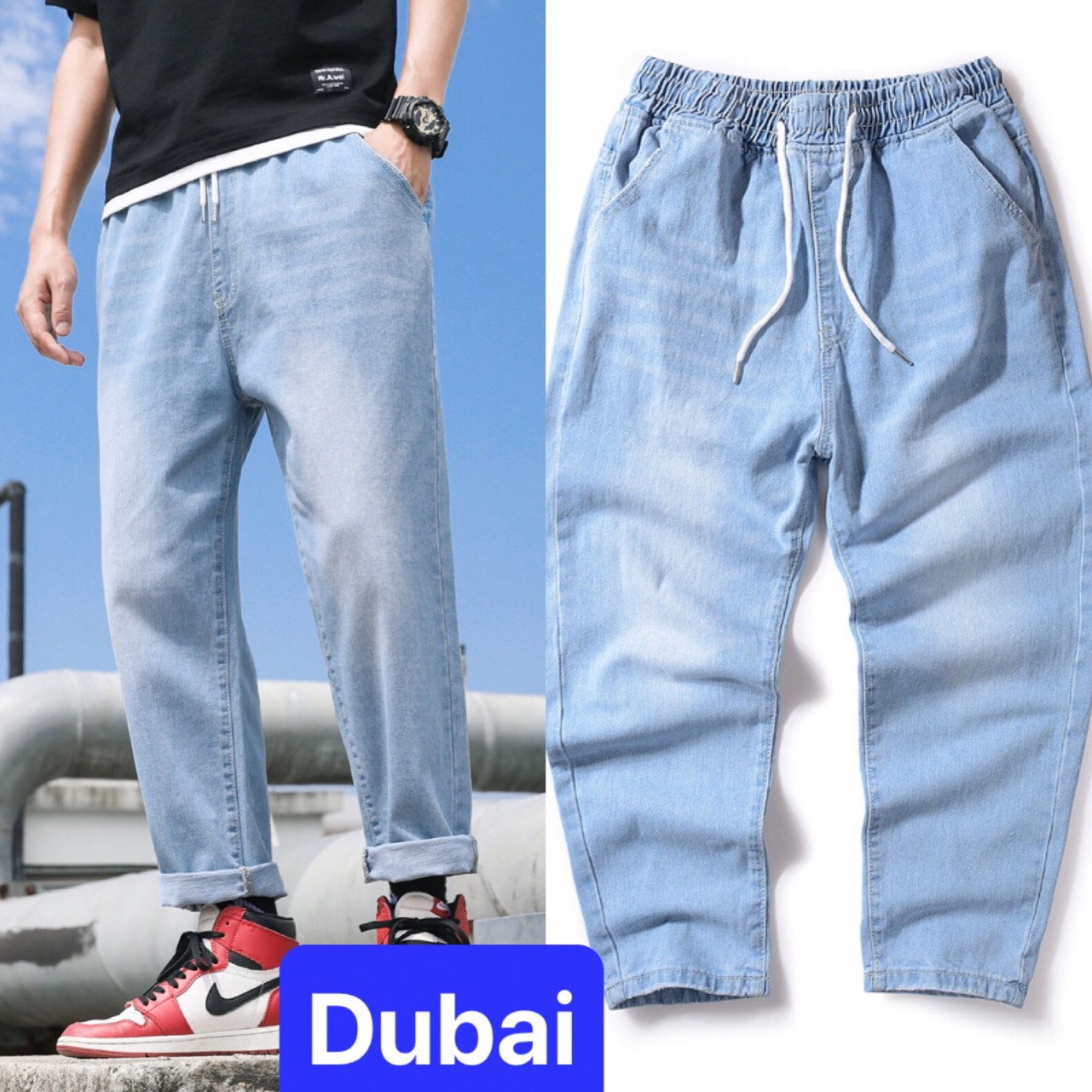 QUẦN BAGGY JEAN NAM CHẤT BÒ XANH LƯNG THUN CẠP CHUN ỐNG RỘNG DÀI SOÁI KA HÈ CỰC HOT TREND DB-31 - DUBAI FASHION