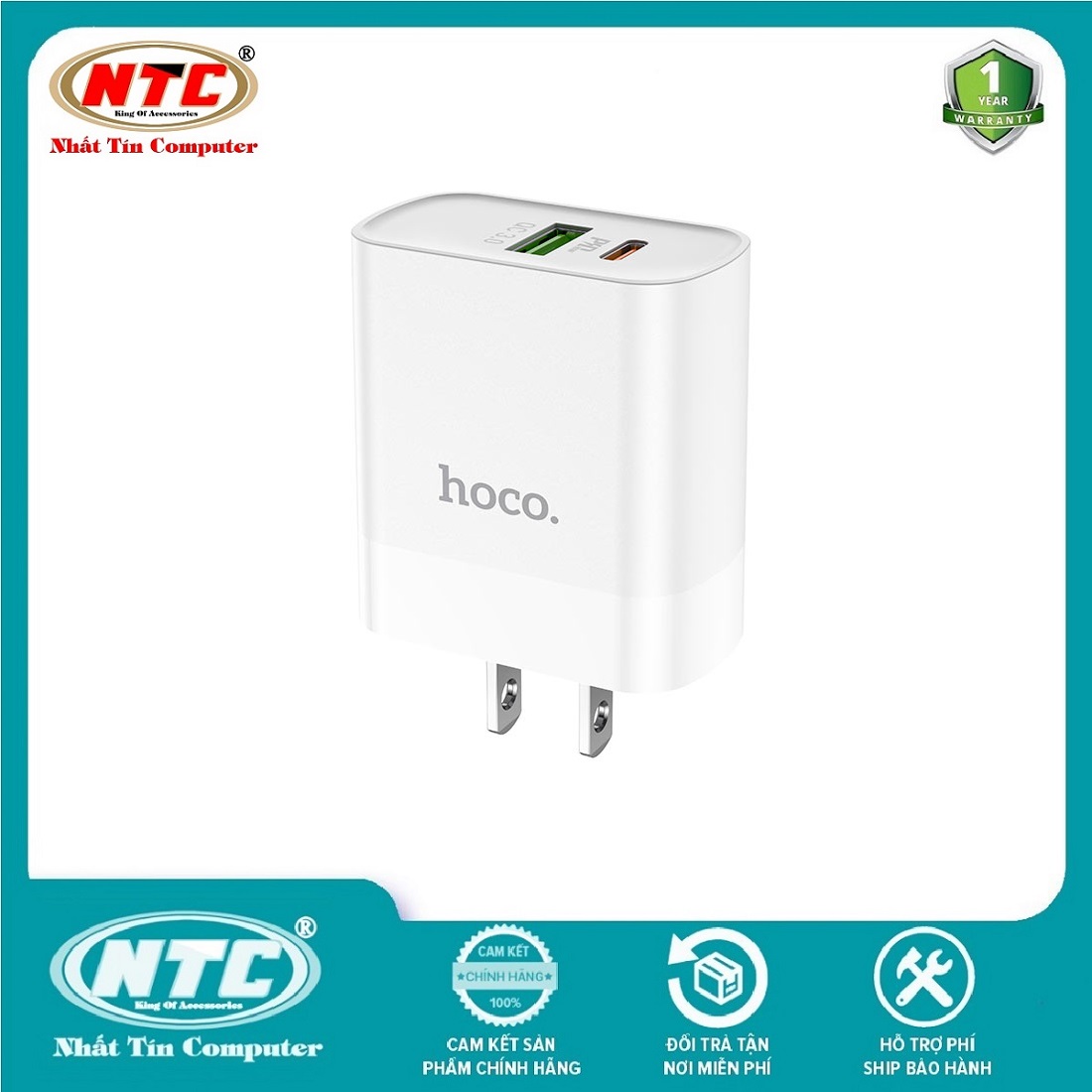 Cốc sạc 2 cổng USB Hoco C80 chân dẹp QC3.0 và Type-C PD20W (Trắng) - Hãng phân phối chính thức - Nhất Tín Computer