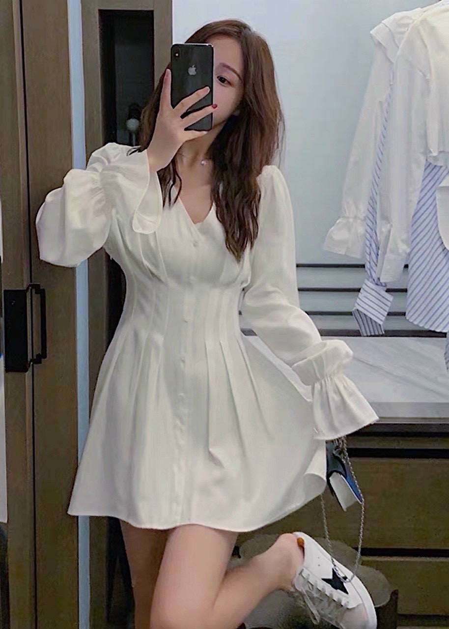Đầm xếp li eo tay dài 2 màu