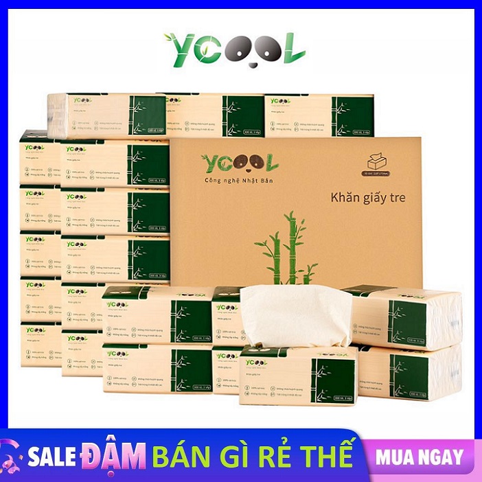 Thùng 30 gói giấy ăn gấu trúc Ycool / khăn giấy tre gói 300 tờ- 4 lớp / khăn giấy rút mềm, mịn, dai