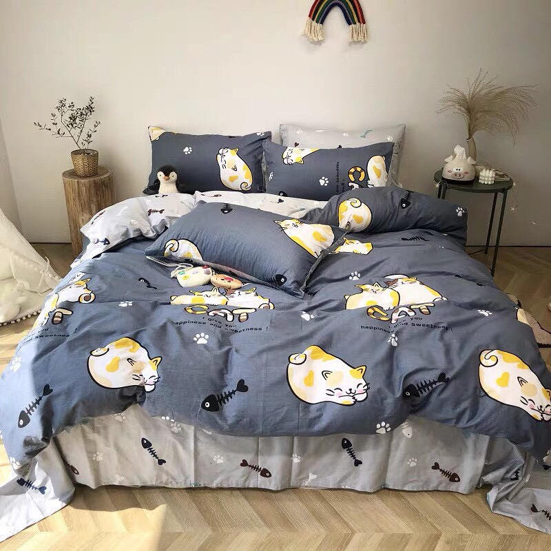 Bộ Chăn Ga Gối Cotton Poly - Mèo Đôi ( 1 Drap + 2 Vỏ Gối Nằm + 1 Vỏ Chăn + 1 Vỏ Ôm ) Tiệm Nhà Cá
