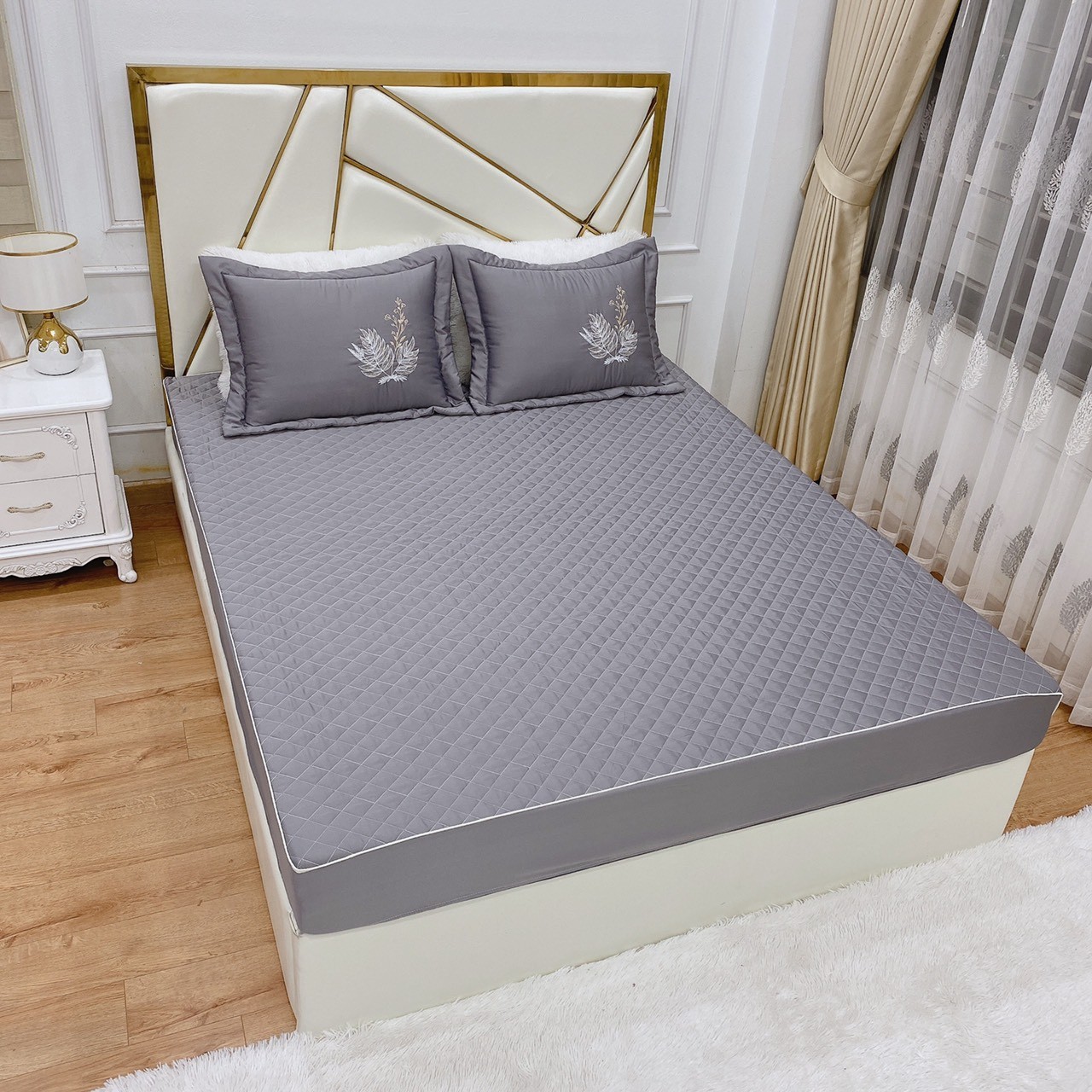 Bộ ga gối phi lụa trần bông, ga bo chun bọc đệm 10p (tặng kèm 2 vỏ gối)