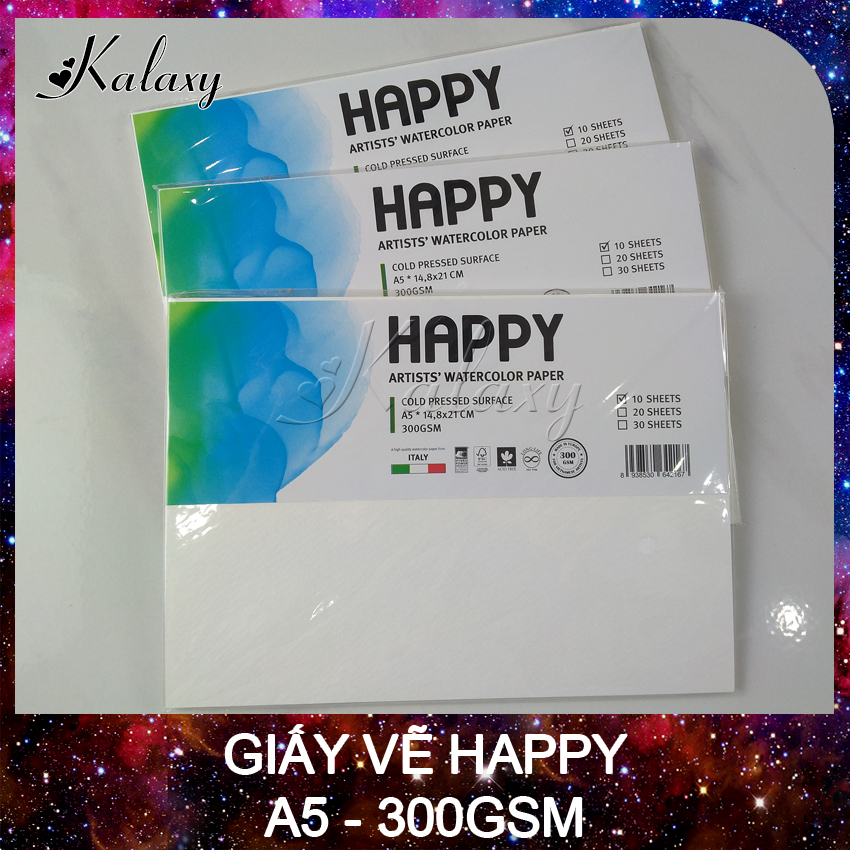 Giấy vẽ Happy hạng họa sĩ cao cấp, Giấy vẽ màu nước 300gsm, 1 Tệp gồm 10 tờ
