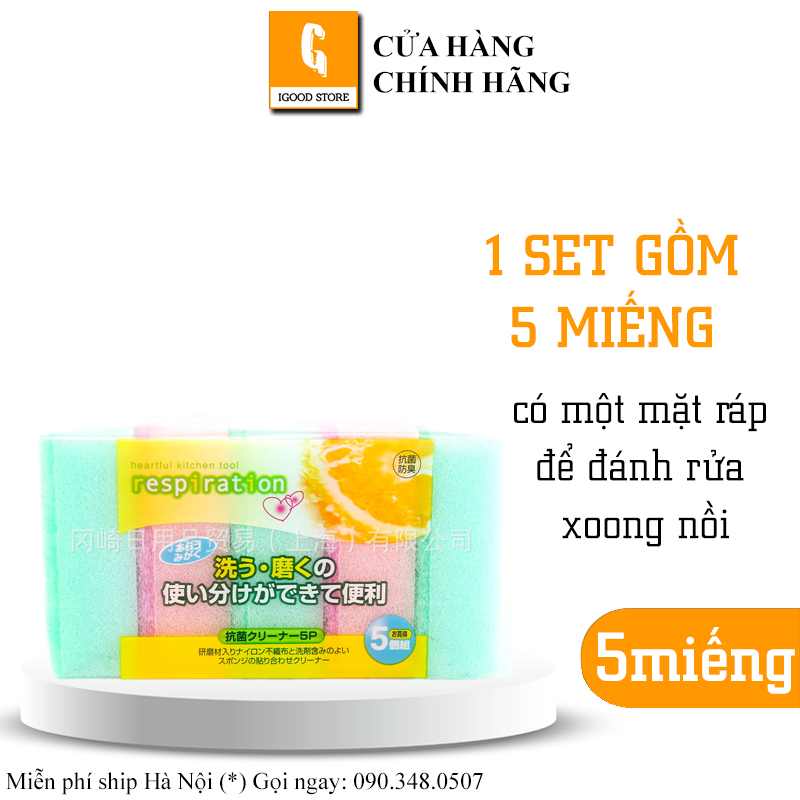 Set 5 miếng xốp rửa chén bát Nhật Bản có 1 mặt ráp