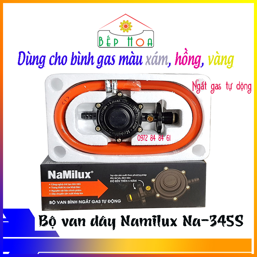 Bộ van dây gas ngắt gas tự động namilux na-345s + 1.4m dây ga + 2 cổ dê inox - 345s - van namilux - an toàn - bếp hoa