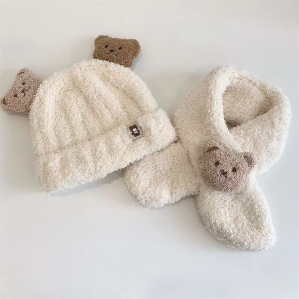 Set nón len kèm khăn cổ tai hình gấu cho bé trai, bé gái - mũ len tai gấu kèm khăn cho bé yêu