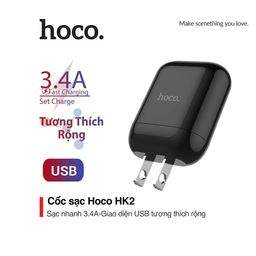 Cốc sạc nhanh 3.4A Hoco HK2 chân dẹt chất liệu PC cao cấp Usb tương thích rộng cho iPhone/iPad/Note 10/Huawei