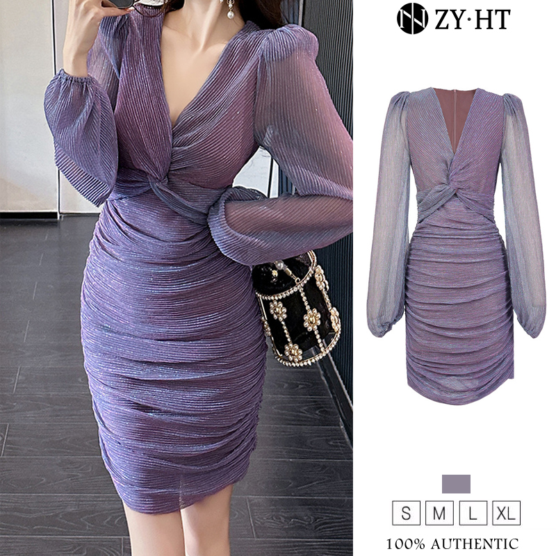 ZYHT EraVogue Đầm Váy nữ váy tím váy dài tay váy cổ chữ V váy lưới váy xã hội cao váy cổ điển váy sự kiện váy dự tiệc váy Pháp 21080