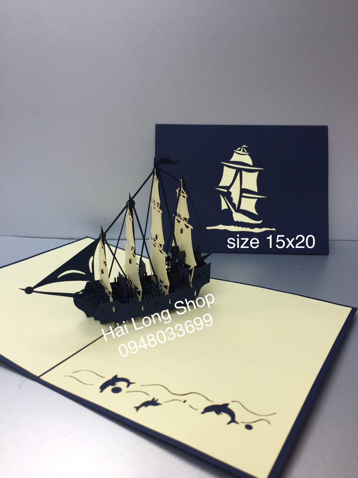Thuyền 10   (4 cánh ) - Boat -  Thiệp 3D ( bìa xanh blue )