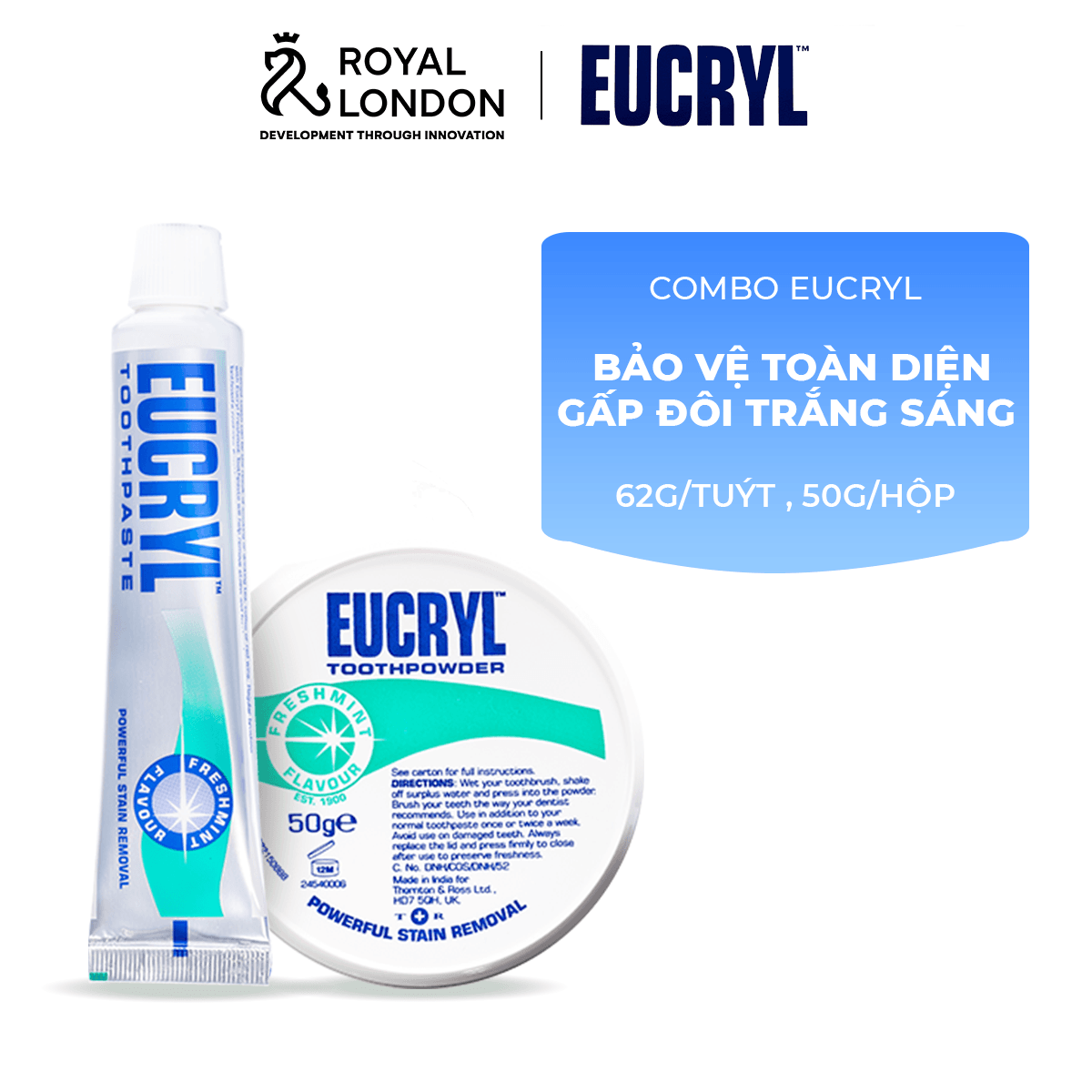 Combo trắng răng Eucryl kem đánh răng 62g + bột trắng răng 50g