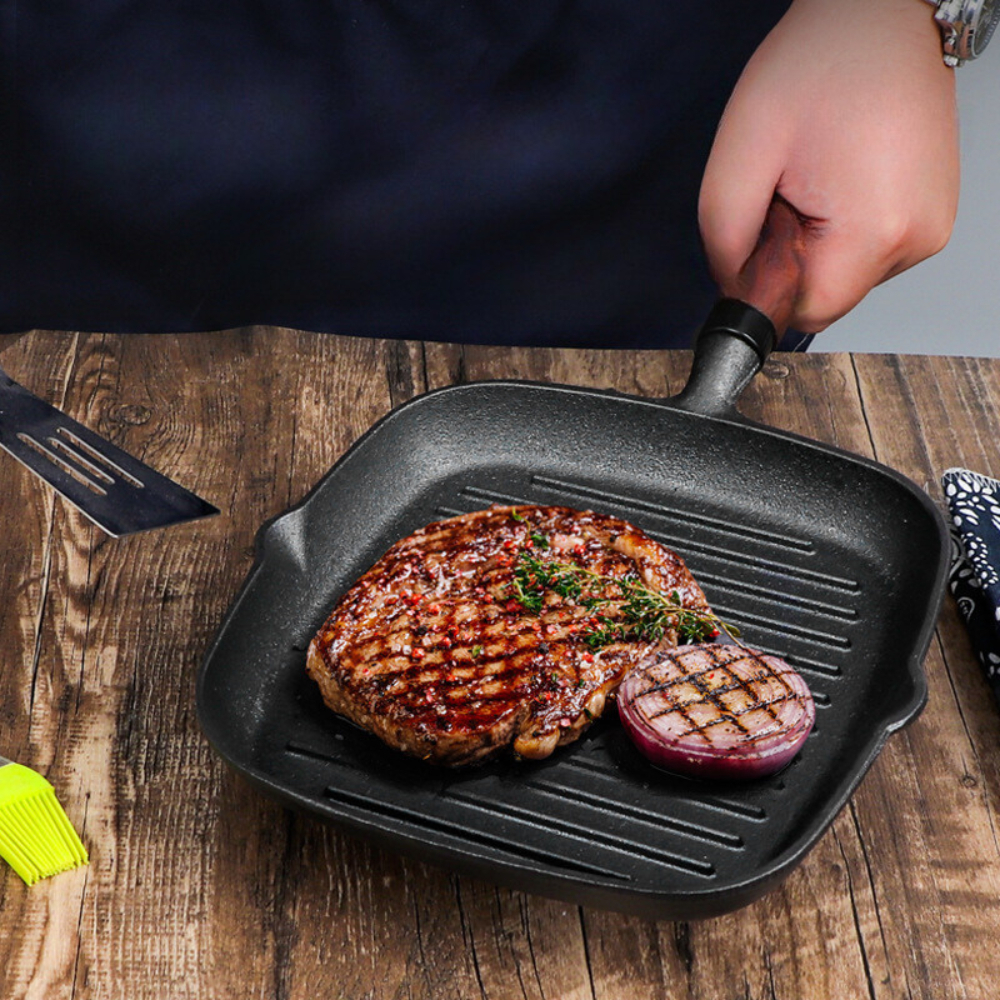 Chảo Nướng BBQ Hàn Quốc 22CM, Chảo Gang Đúc Thủ Công Siêu Chắc Chắn, Áp Chảo Bò Bít Tết Biến Bạn Thành 1 Đầu Bếp Khi Mua Nó
