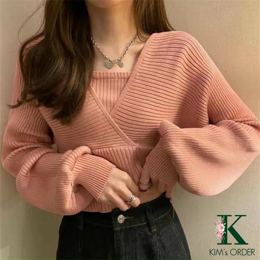 Áo yếm nữ tay dài thun gân phối kiểu bo eo đắp chéo siêu , ÁÁo kiểu nữ tay dài rộng cánh dơi chất thun gân tăm