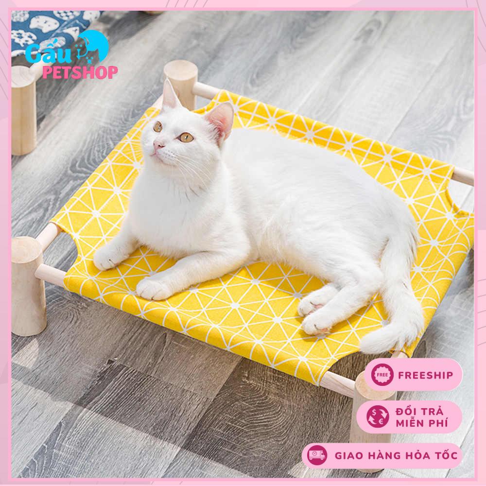 Giường gỗ bọc vải cho thú cưng chó mèo