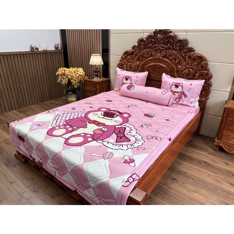 Bộ ga gối gấu dâu ( gấu Lotso ) thun mát lạnh 5D