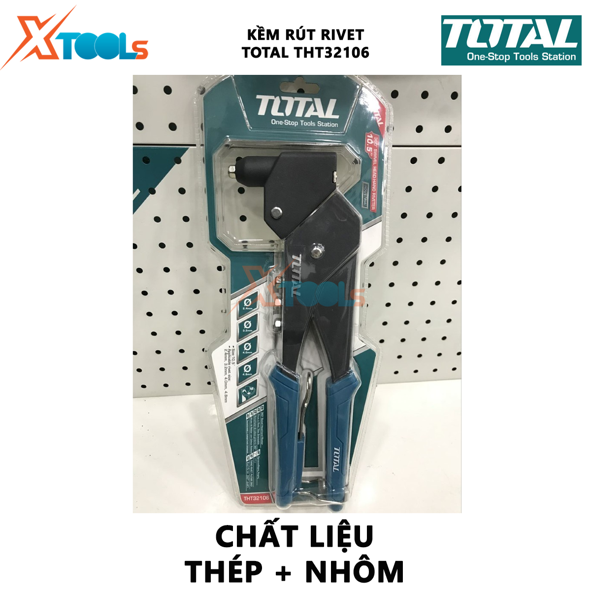 Kìm rút đinh tán TOTAL THT32106 | kềm rút rivet Kích thước 10.5 inch | Kích thước mũi rút 2.4mm, 3.2mm, 4mm, 4.8mm | Chất liệu thép+nhôm