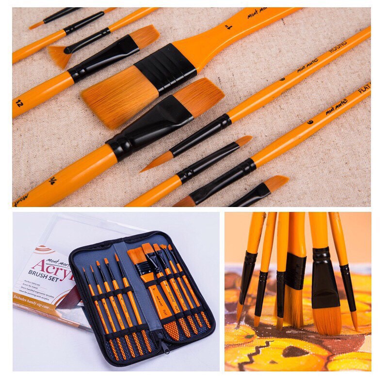 [Giao hàng 2h] Bộ 10 Cọ Vẽ Acrylic Mont Marte Cao Cấp - Taklon Brush Set in Wallet Signature Acrylic - BMHS0030