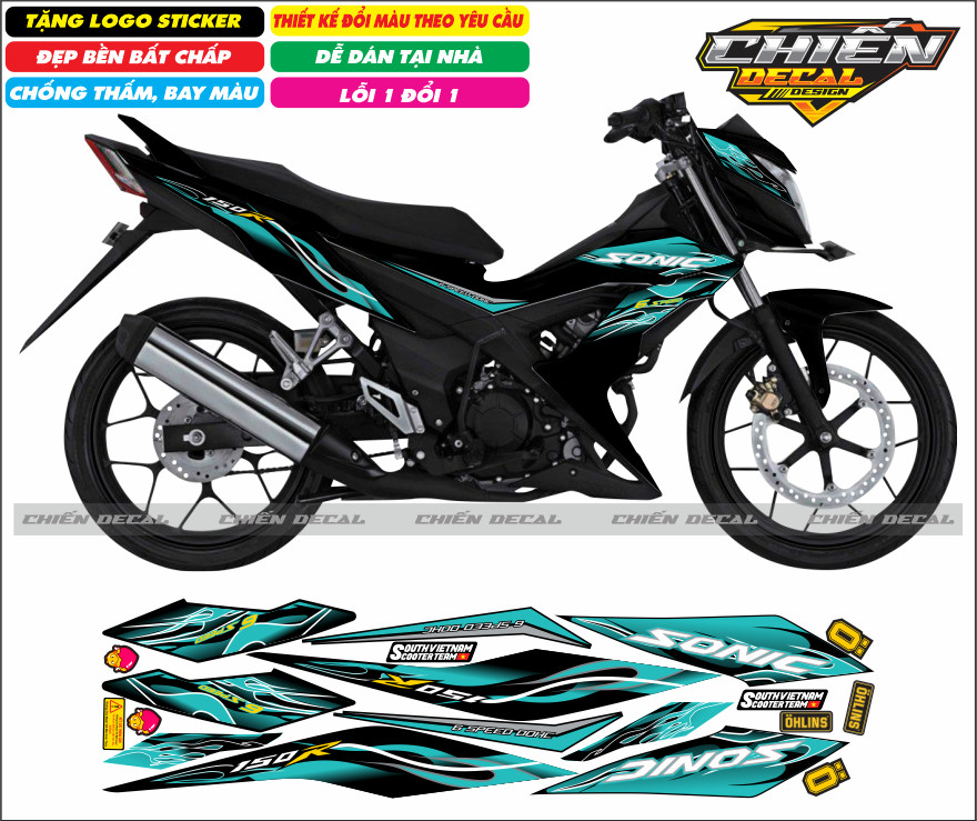 Tem rời xe sonic 150 màu đen mẫu tem lửa nhiều kiểu lựa chọn (tem 3 lớp cao cấp)