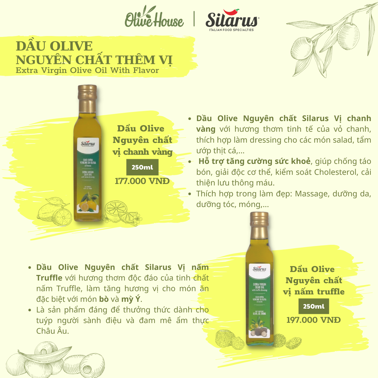 Dầu Olive Nguyên chất Vị Chanh Silarus 250ml