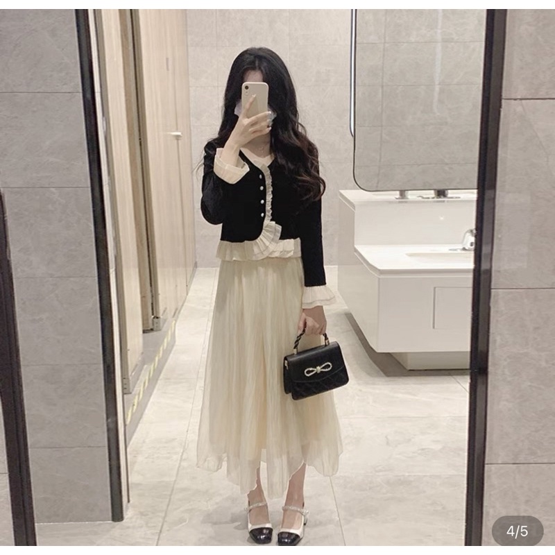 Set Áo Nhung Đen Mix Chân Váy Tơ 2 Lớp