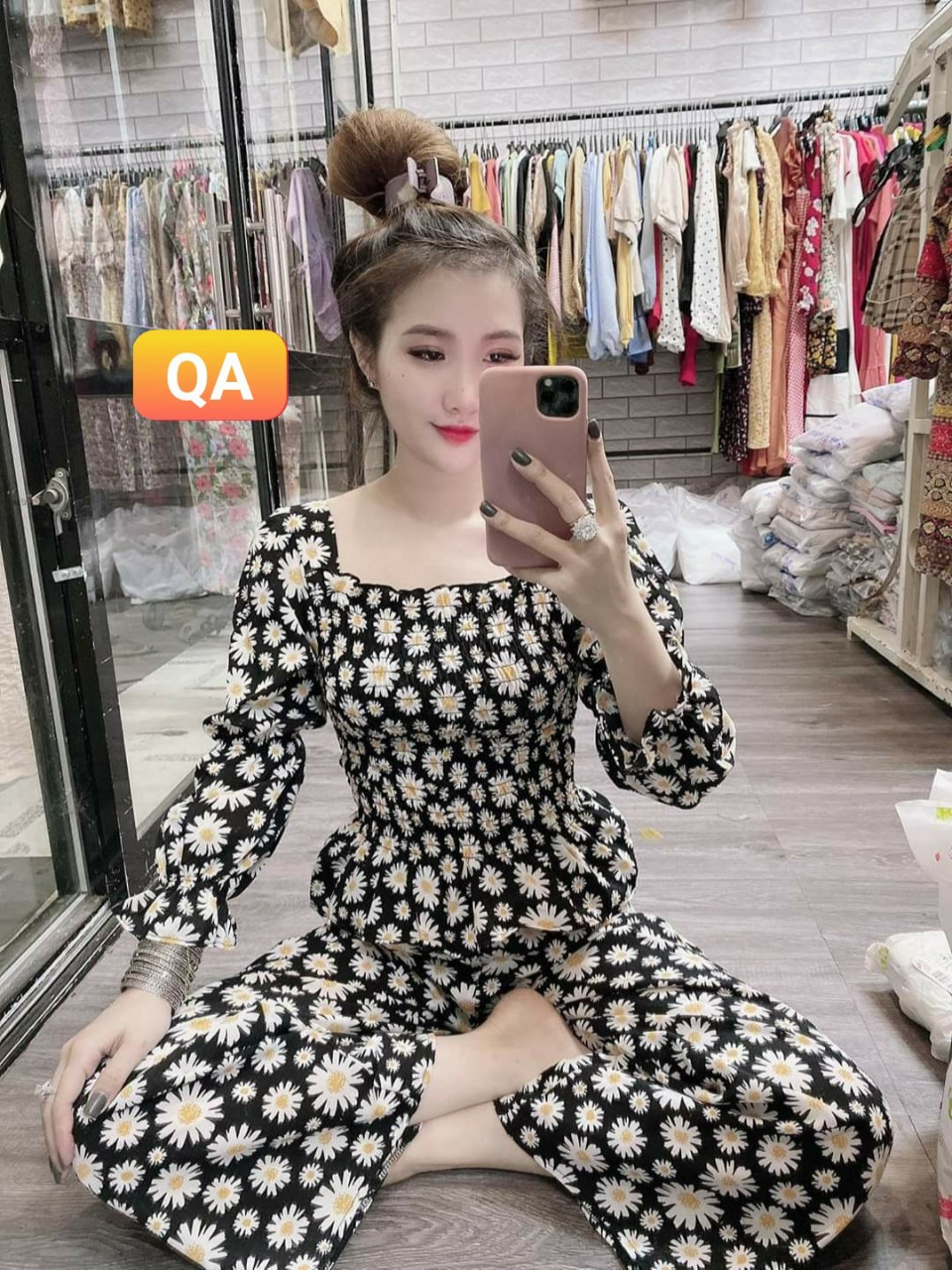 Sét bộ lụa hoa tay phồng quần có túi-QH