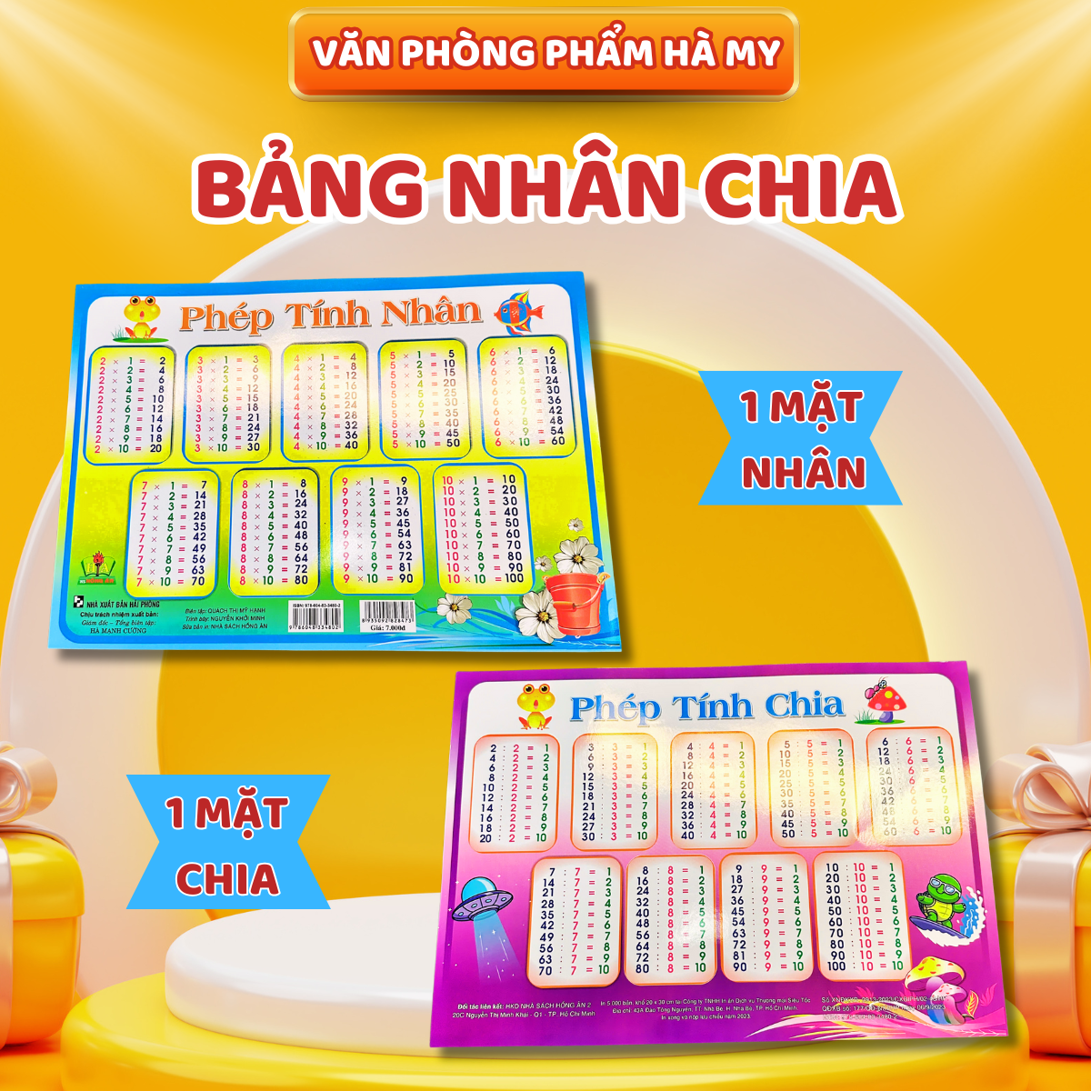 Combo 2 Bảng Cửu Chương Phép Tính Nhân Và Chia In 2 Mặt Nhiều Mẫu Mã Dễ Thương