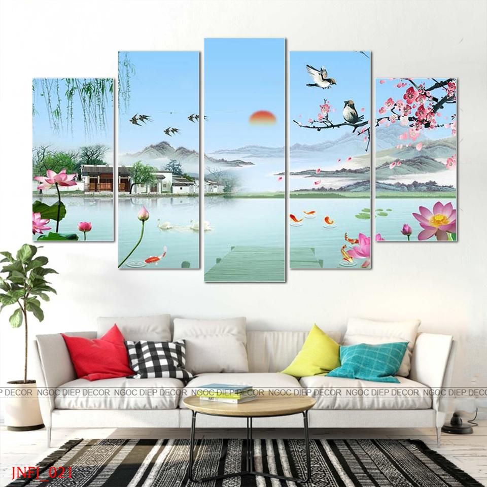 Tranh dán tường phong thủy hồ sen chim yến 3D, tranh phong thủy tài lộc