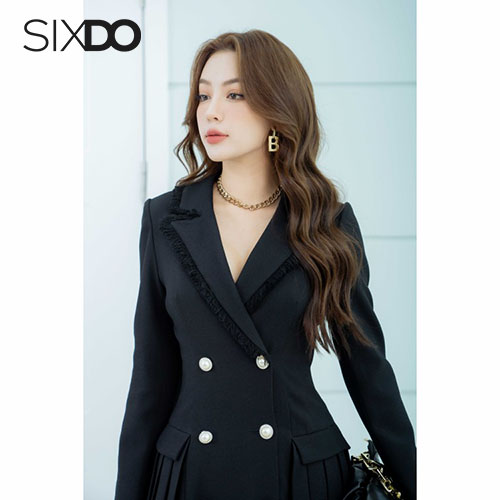 Đầm đen dài tay cổ vest thời trang SIXDO (Black Coat Midi Raw Dress)