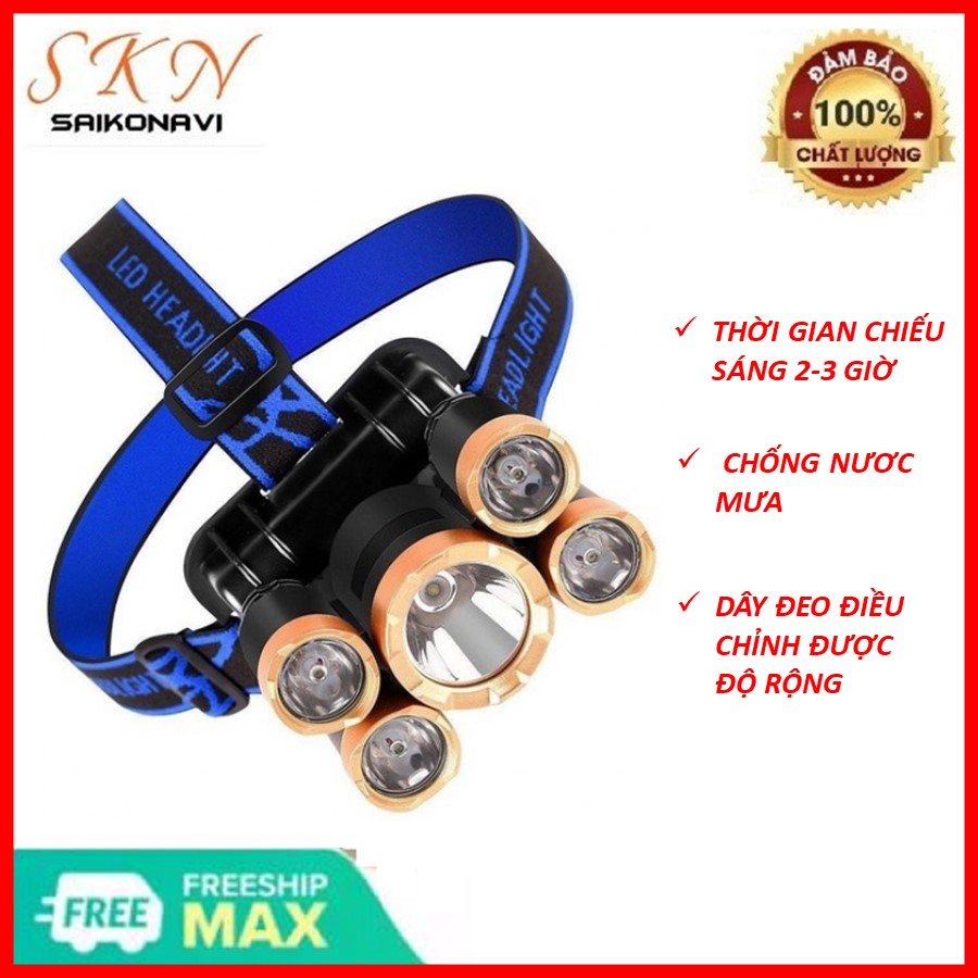 Đèn pin siêu sáng đội đầu 5 bóng gồm 1 đen 5 bóng,Đèn pin chiếu sáng đội đầu 5 bóng siêu sáng,Đèn pin siêu sáng đội đầu 5 bóng gồm 1 đen 5 bóng + 2 pin sạc + 1 củ sạc