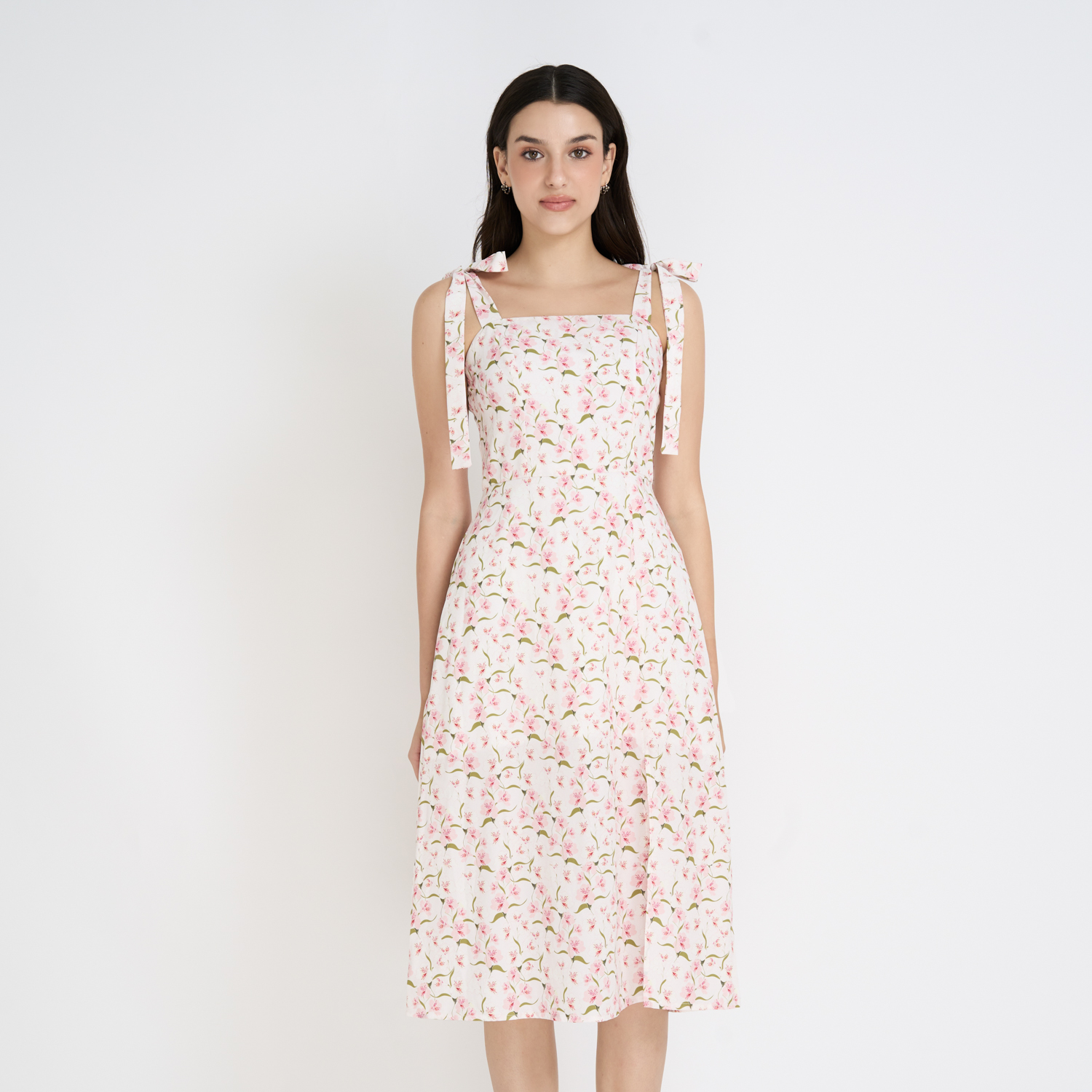 Đầm midi suông lụa cotton in hoa xẻ tà Maybi