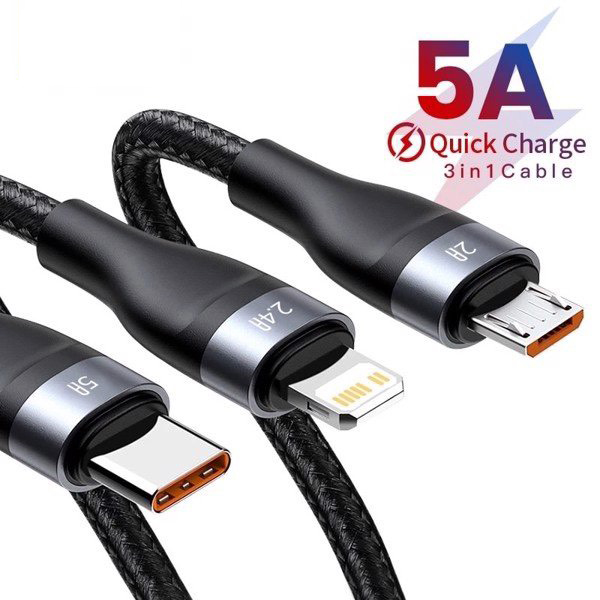 Cáp sạc nhanh 3 đầu Baseus Flash Series 3 in 1 - 40W (USB to Type-C/ Lightning/ Micro, 5A/40W Quick Charging & Data Cable)