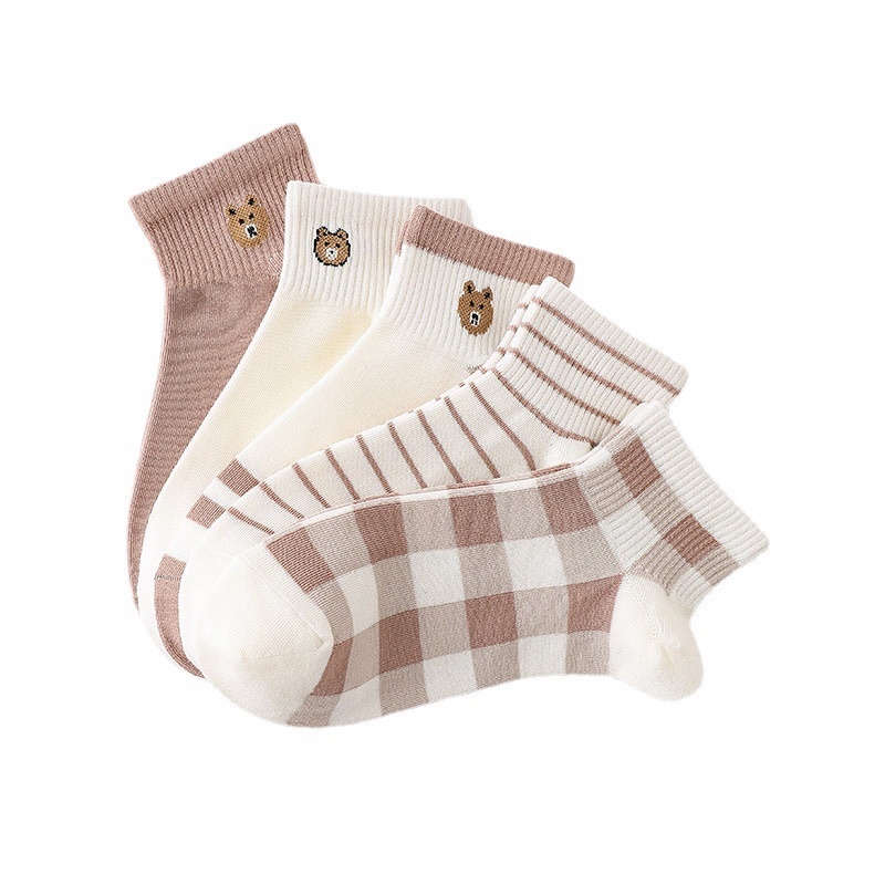 Set 5 đôi tất gấu kẻ nâu cổ ngắn