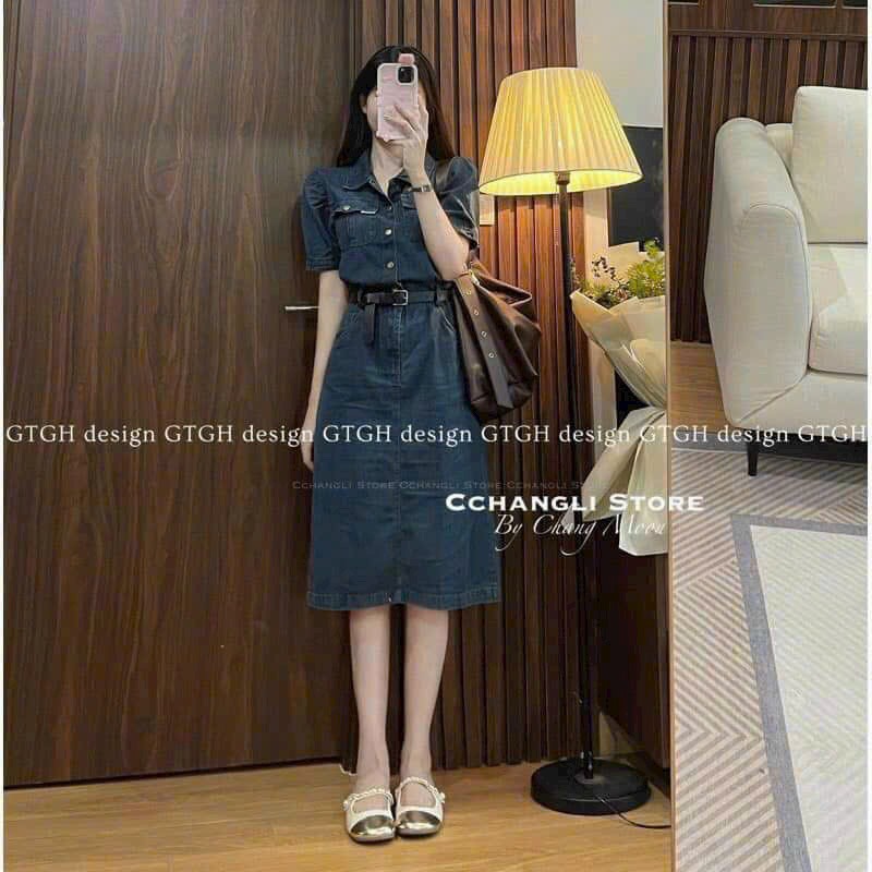 Đầm jean tay ngắn phối nút kèm dây lưng