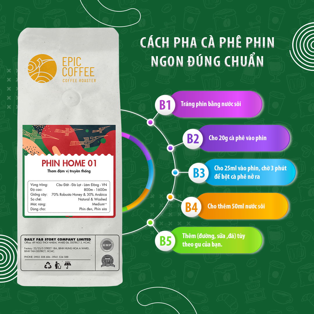 Phin Home 01 Cà phê Cầu Đất (Blend Robusta Honey – Arabica) rang mộc nguyên chất 100% Pha Phin Pha Máy