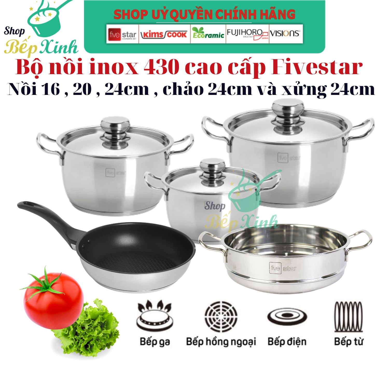 Bộ nồi inox cao cấp đáy từ Fivestar Standard 3 chiếc FS-B3010 ( 1 nồi 16cm x 1 nồi 20cm x 1 nồi 24cm ) , 3 đáy dùng được mọi bếp  - Shop Bếp Xinh