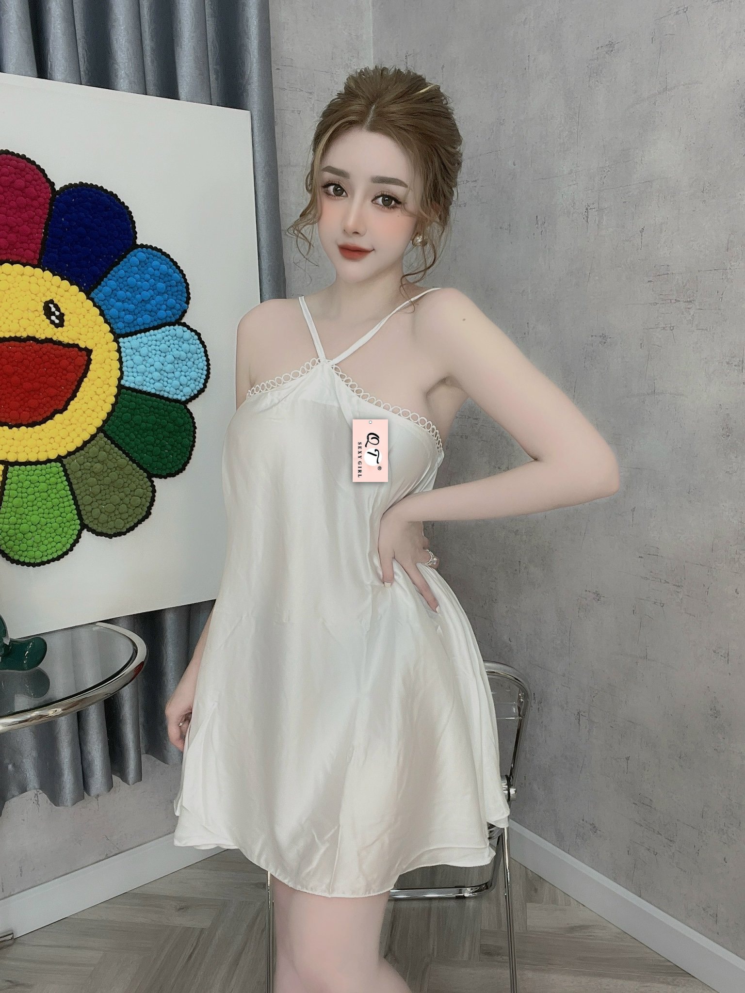 Váy ngủ sexy cổ yếm vải lụa latin kèm quần VD2