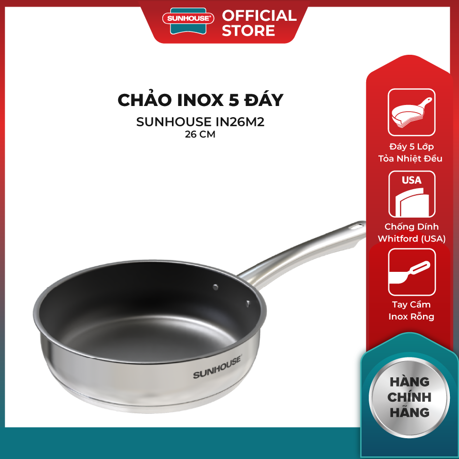 Chảo inox 5 đáy sunhouse in20m2 - in24m2 - in26m2 - dùng được với bếp từ - chống dính whitford - hàng chính hãng