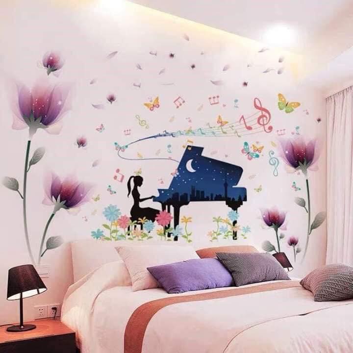[HCM]DECAL DÁN TƯỜNG HOA PHA LÊ TÍM VÀ CÔ BÉ ĐÁNH ĐÀN