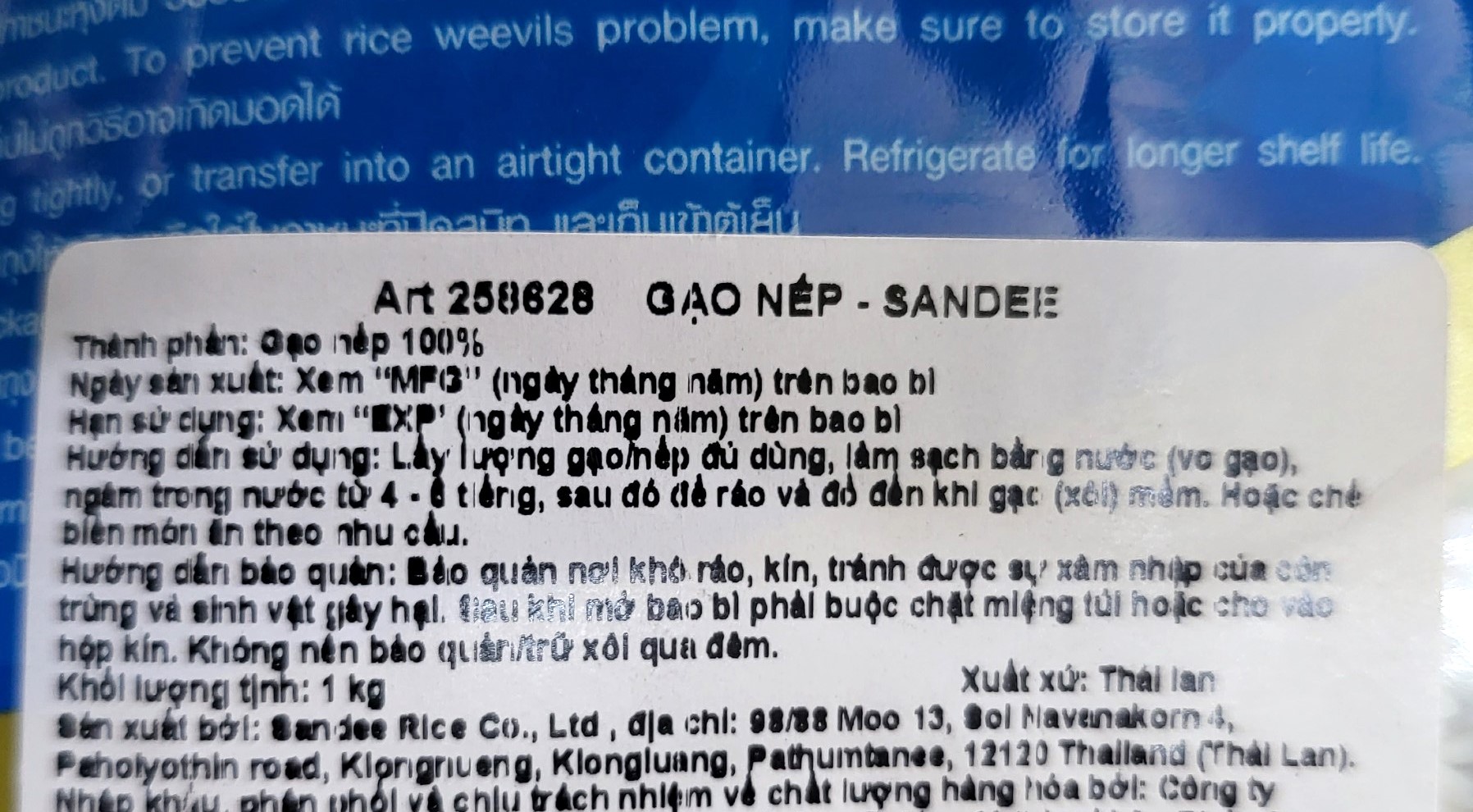 SANDEE (Túi XANH 1 Kg) GẠO NẾP THÁI (Sticky Rice) Fineness Glutinous Rice (HALAL)