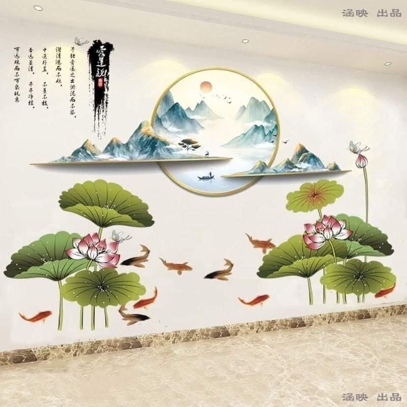 Tranh dán tường, decal dán tường sen trăng trang trí phòng khách