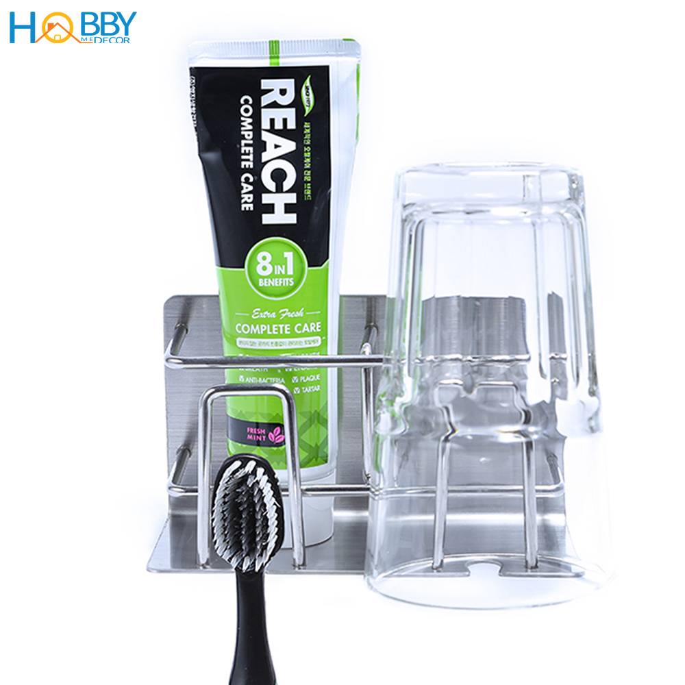 Kệ để bàn chải kem đánh răng 2 ngăn dán tường inox 304 Hobby Home Decor CD3