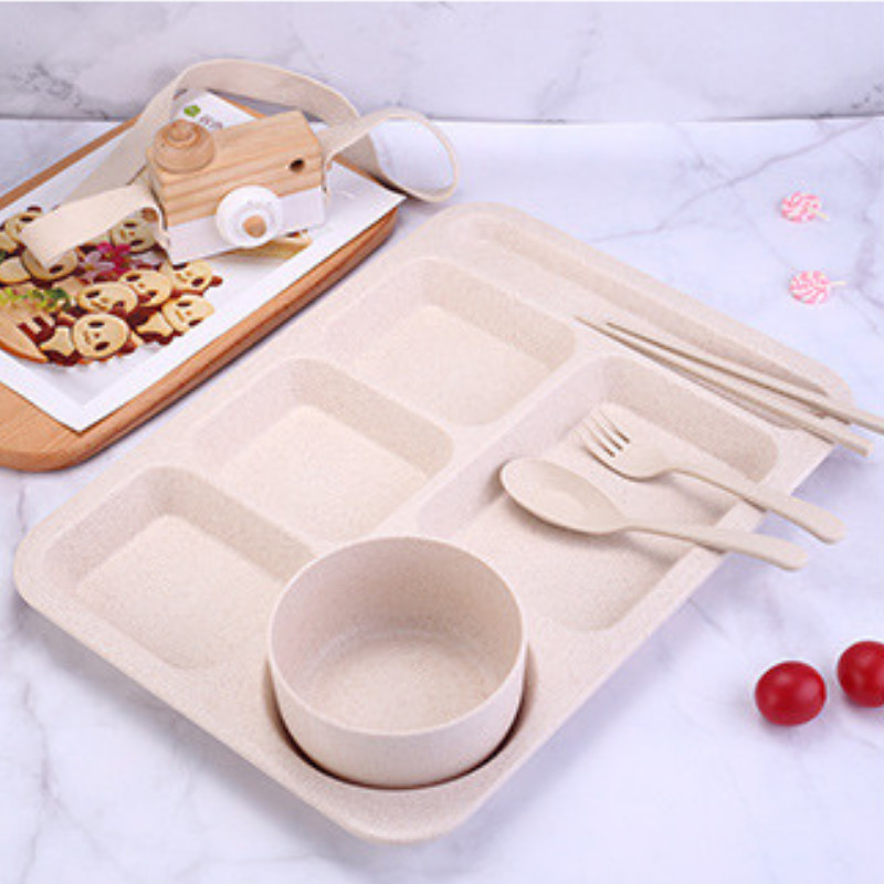 [FREESHIPMAX]Khay cơm lúa mạch 5 ngăn cao cấp có kèm chén đựng canh[BAMBOO HOUSE]
