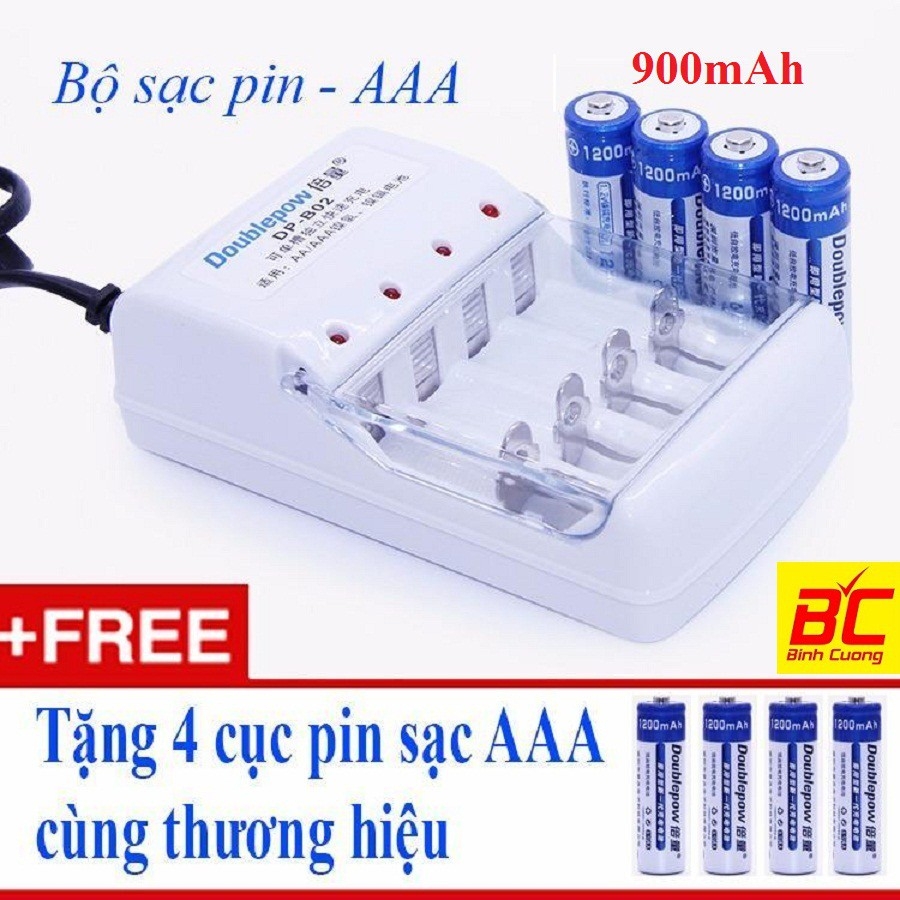 Sạc pin doublepow và 4 pin tiểu sạc doublepow aa 1200mah, pin nhỏ aaa 900 mah, pin vuông 9v... chính hãng