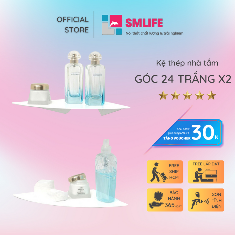 Kệ góc tường nhà tắm 24 (Set 2) - Kệ treo tường bằng thép dày 1,6mm - Sơn tĩnh điện màu Trắng/ Đen hiện đại - Tặng kèm bộ ốc vít và đầu bịt ốc