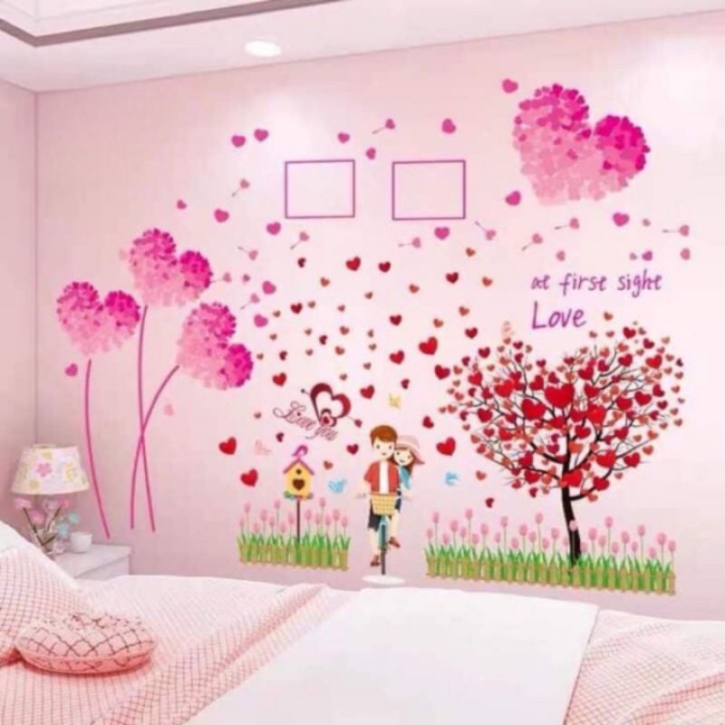 Decal dán tường, tranh dán tường tim hồng và xe đạp tình yêu