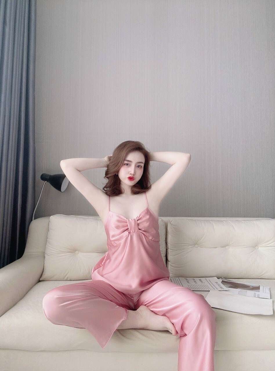 Đồ ngủ lụa nơ satin quần dài dễ thương cao cấp