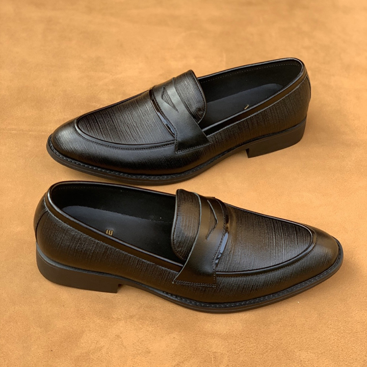 Giày tây nam mặt da sần găn nơ thủng (ĐEN) (chất liệu da bò)