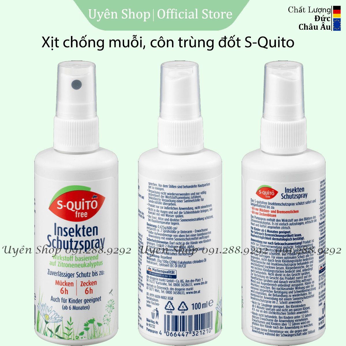Chai Chống Muỗi Đốt Và Côn Trùng Cắn Squito HÀNG ĐỨC, Chống Đốt Lên Đến 6h, Trẻ Sơ Sinh, chai 100ml
