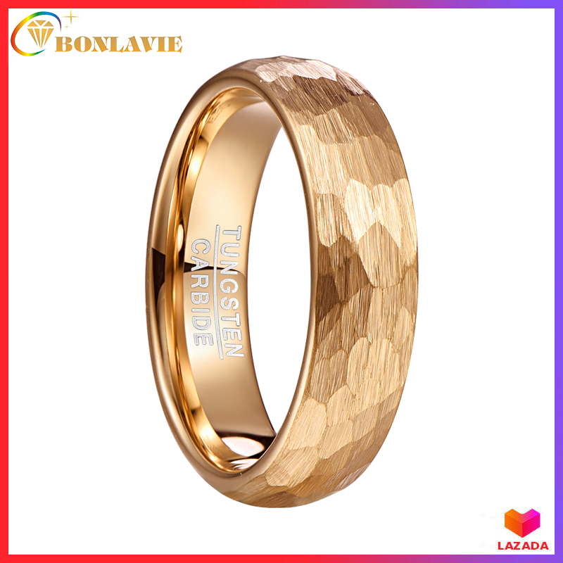 Nuncad 6mm 18k Gold Plated Hammered Tungsten Carbide Ring Domed Comfort Fit Engagement Ring Size 5-12
