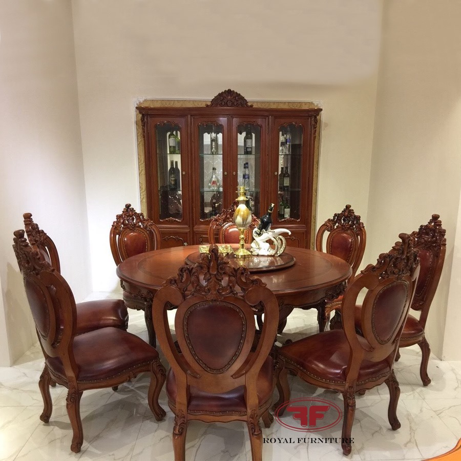 BỘ BÀN TRÒN TÂN CỔ ĐIỂN MẶT GỖ XOAY 1M6 KẾT HỢP 8 GHẾ ĂN  618