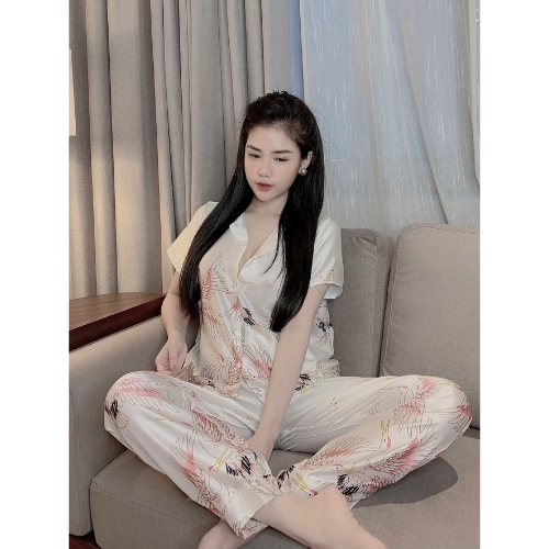 Bộ Pizama lụa Satin - 💖Bộ lụa họa tiết con hạc tay Cộc - Quần Dài